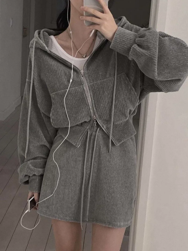 Chic Autumnal Casual Hooded Velvet Jacket High Waist  Skirt Two-Piece Set Elegant Loose Fit Korean Style Women's Outfit