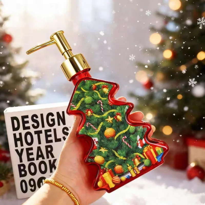 Dispenser di sapone in vetro a forma portatile Bottiglia riutilizzabile per vasca da bagno vuota a forma di albero di Natale Bottiglia di stoccaggio per decorazioni natalizie