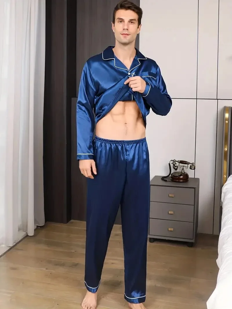 New Men Pajamas Set Silk Satin Sleepwear For Man Shirt Long Sleeve Pijama Male Fashion Soft Loungewear Big Size Spring Nightwear