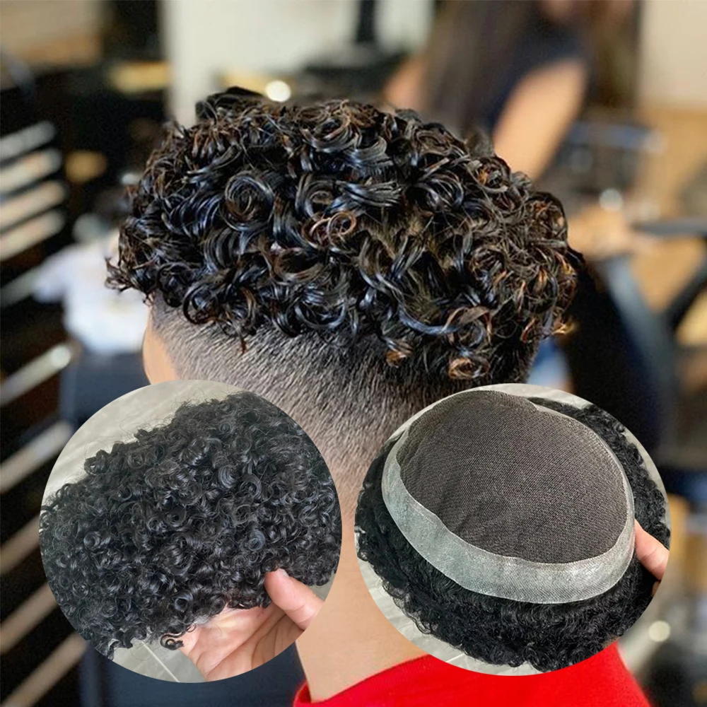 Men Toupee 18mm Afro Curly Human Hair Breathable Fine Mono Base Natural Hairline #1B/2 Men Hair Replacement Prosthesis Capillary