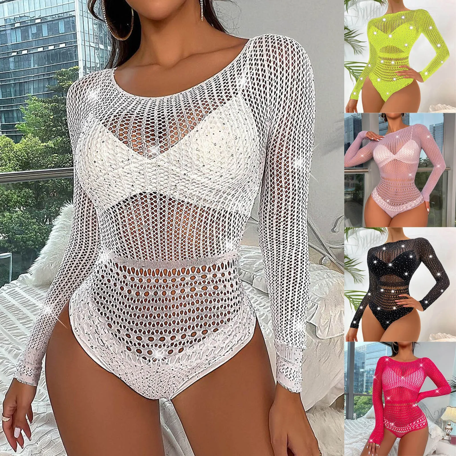 Hot Sexy Lingerie Women Crystal Mesh Fishnet Bodysuit Off Shoulder O Neck Y2k Tops Teddy Body Suits Long Sleeve Slim Bodysuits