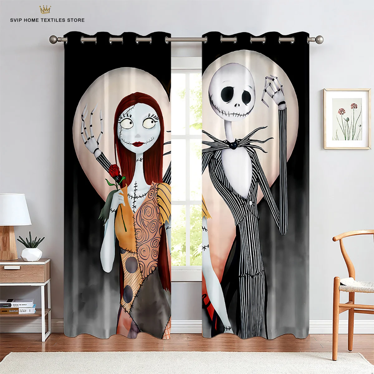 Cartoon Christmas Skull Print Curtains Children's Room Window Decoration Curtains Suitable For Bedroom Living Room Balcony 2PCS