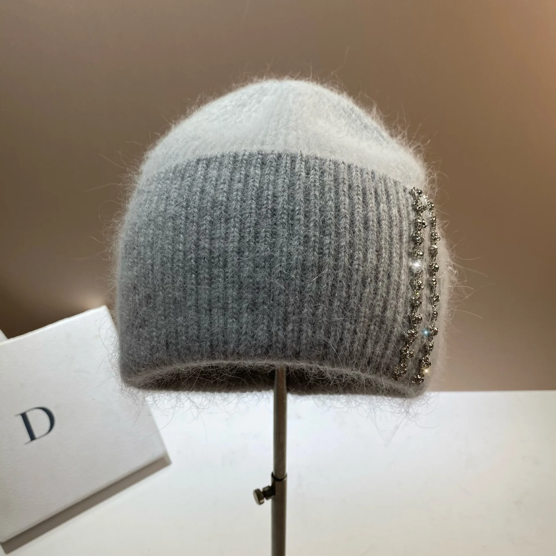 Lange Kaninchenhaar Doppelt gefaltete Strickmütze Modische Prominente Feng Shui Diamantmütze Winter Outdoor Warme Mütze – Detail 27