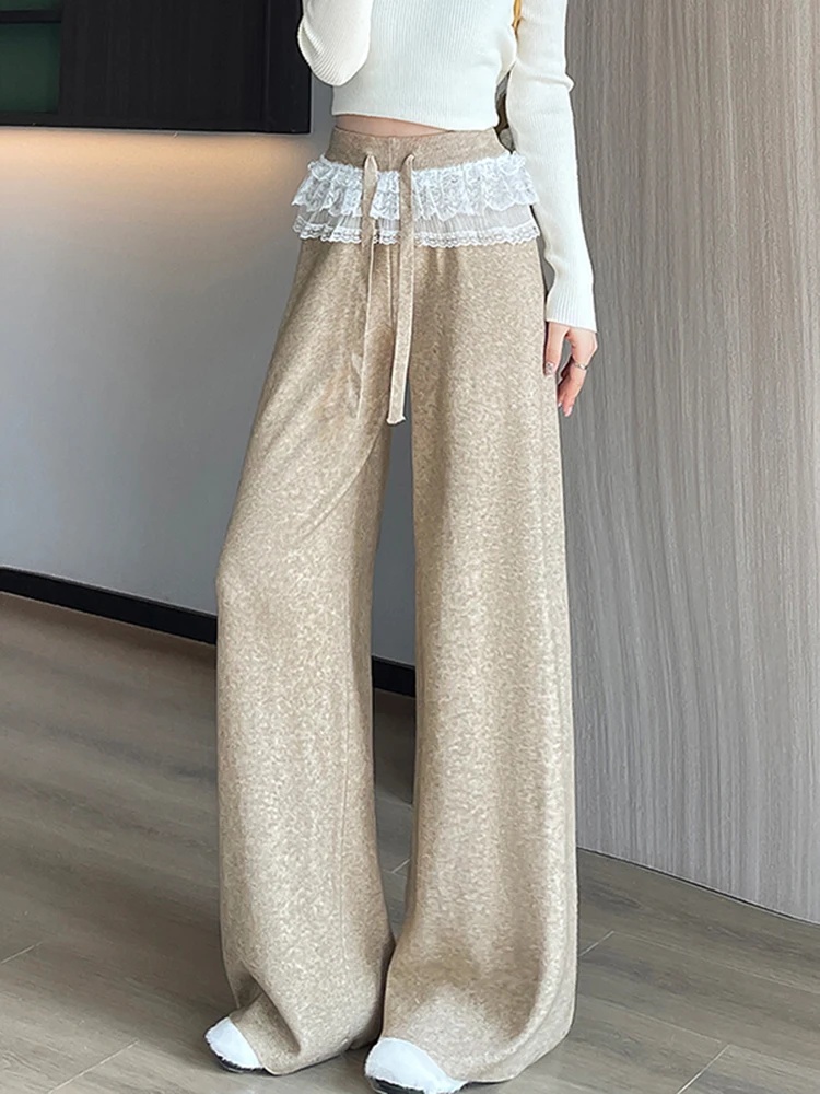Calças de Perna Larga em Tricô com Detalhes em Renda para Mulheres, Novas e Bonitas, Calças Casuais de Outono com Sensação de Alta Qualidade