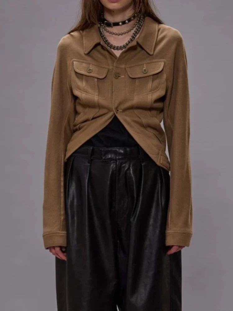 

Women's clothing Y2K autumn and winter pleated lines lapel top simple asymmetrical Women shirts 2025 new Women's sweater