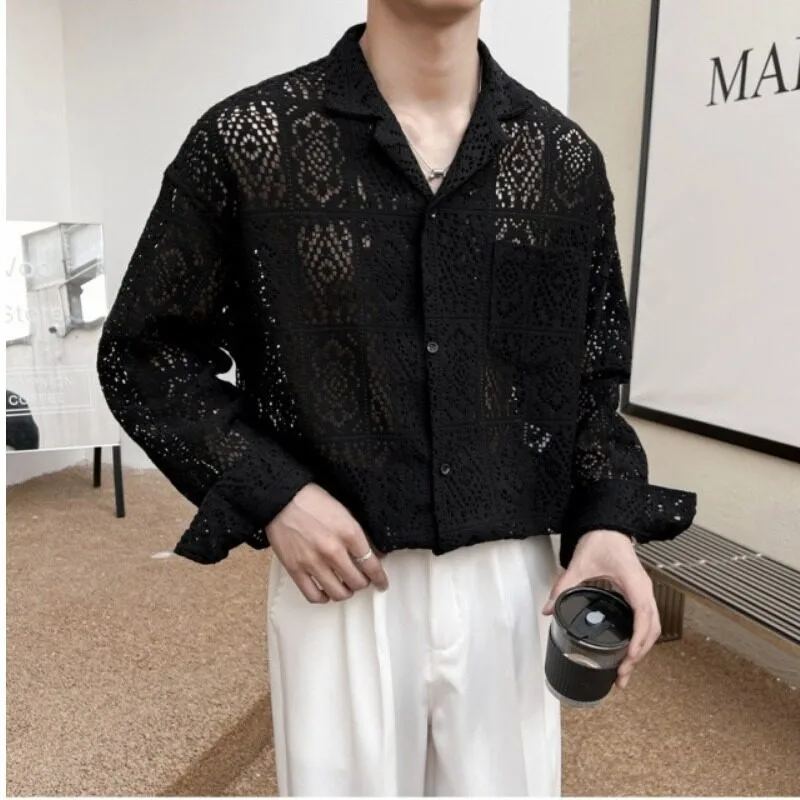 

Retro Hollow Design Men Shirts Spring Summer Thin Loose Casual Long Sleeve Shirt Vacation Hawaiian Shirt Social Party Streetwear