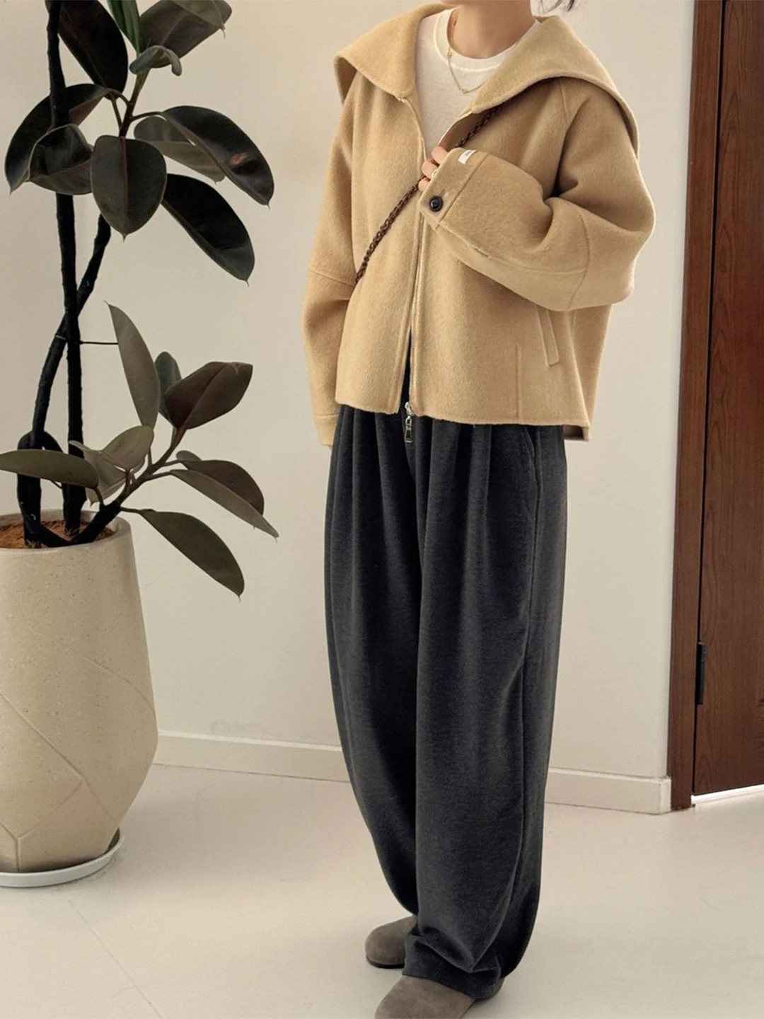 معطف صوفي كحلي للسيدات ort Sle بياقة عالية فضفاض مناسب للشتاء Faion Commute Wind Thiened طويل Sve سحاب لون نقي #4