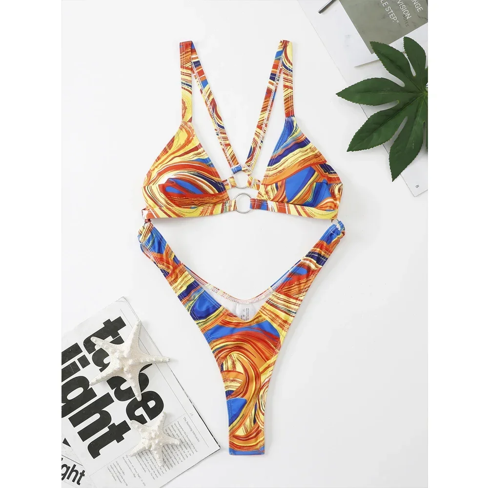 

Print One Piece Swimsuit Women 2024 Sexy Hollow Out Bikini Low Waist Thong V-neck Swimwear Summer Cross Straps Backless Monokini