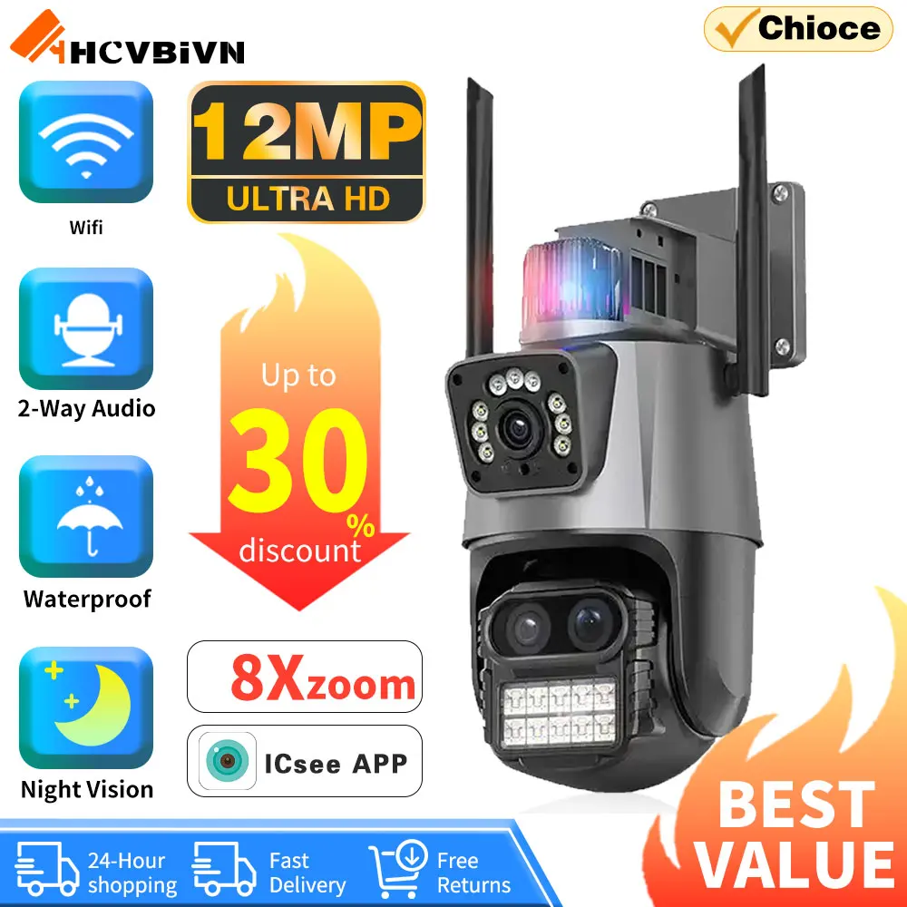 

6K 12MP WIFI IP Camera Three Lens 8X Zoom Outdoor PTZ Camera 8MP HD AI Auto Tracking Security Camera P2P CCTV Surveillance iCSee