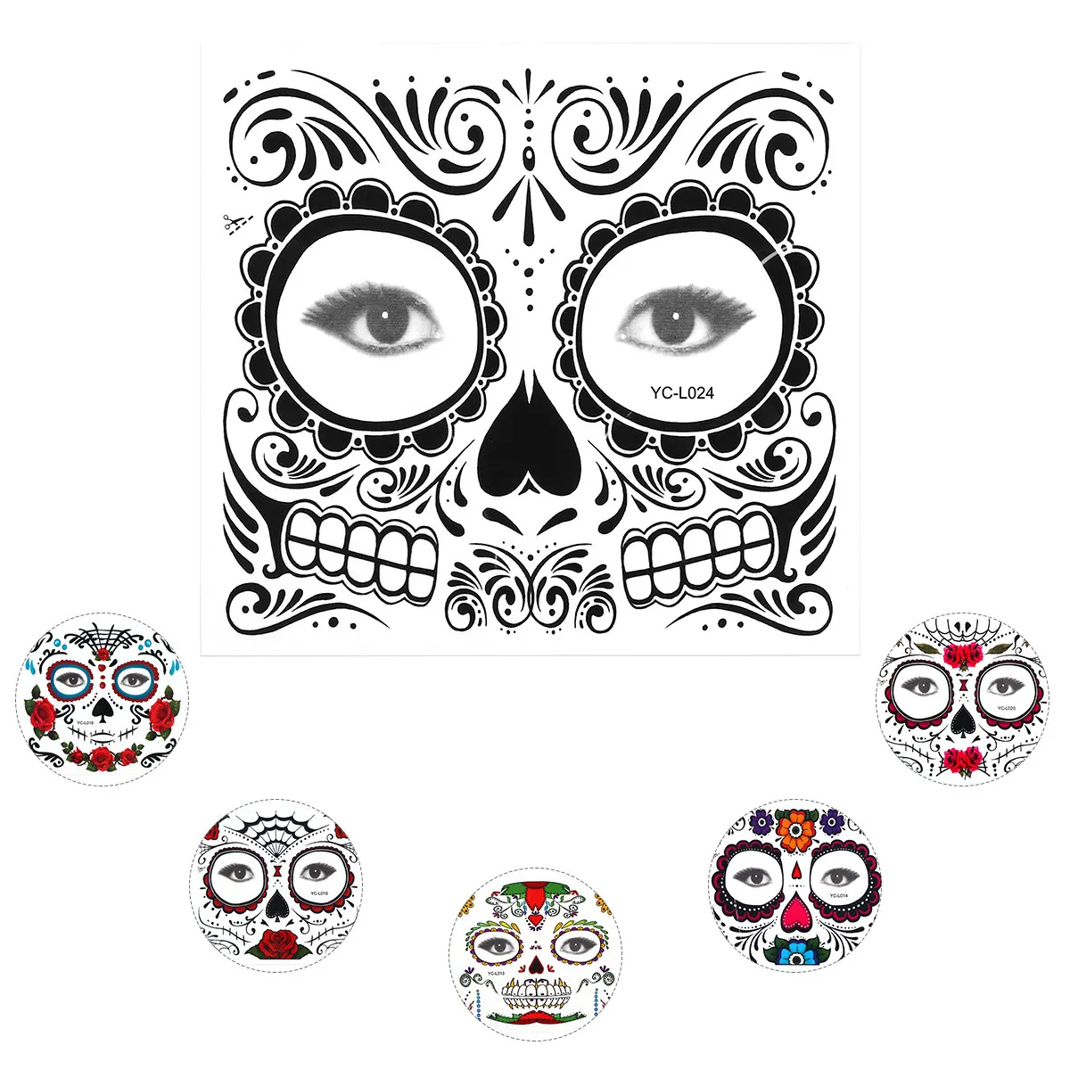 

8pcs Halloween Face Stickers Tattoo Skull Environmental American Floral Body Art Costumes Party Accessories Safe Skin Long