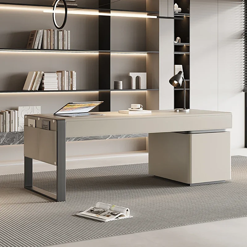 Light luxury modern beige black saddle leather desk, home study high-end solid wood desk computer table