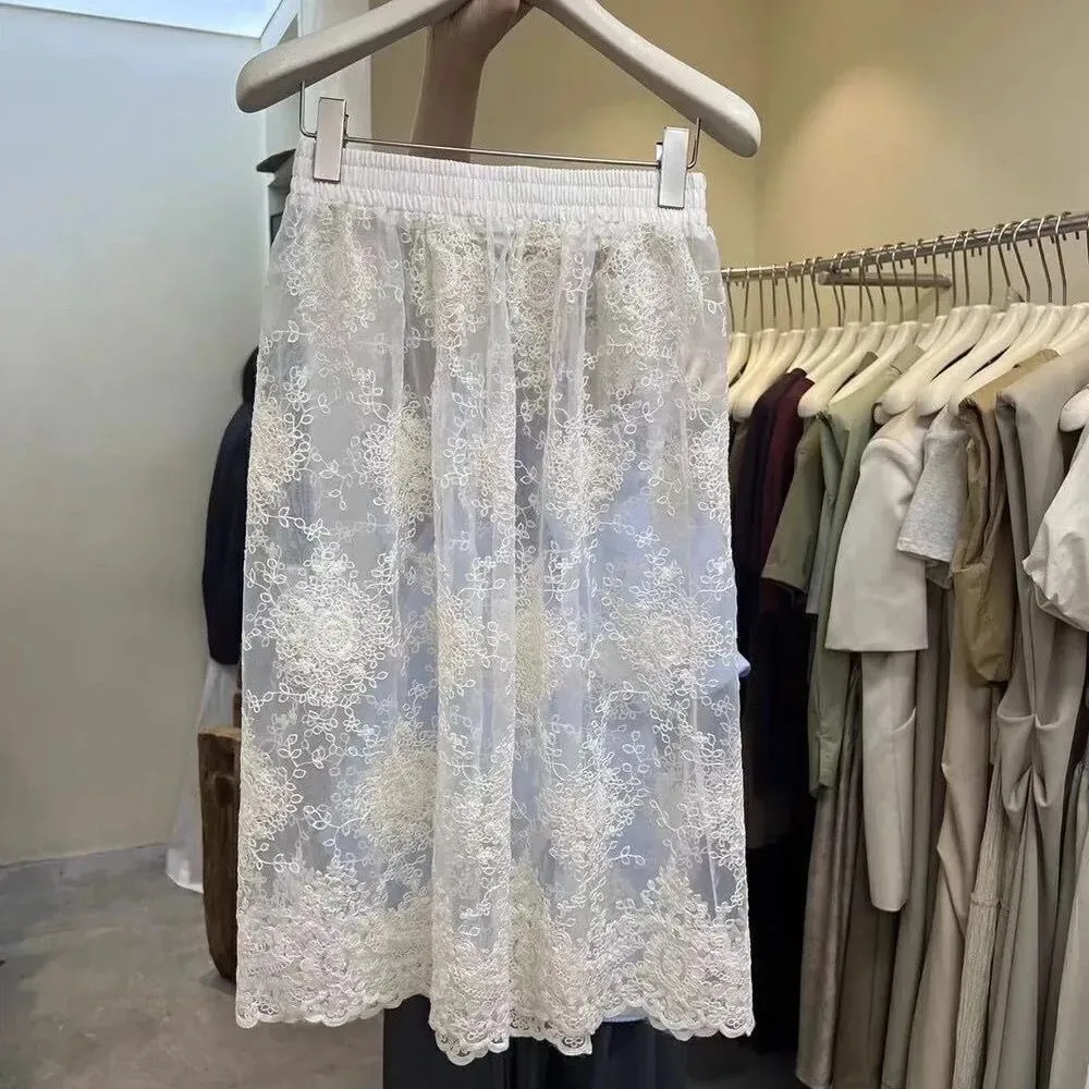 

Korea Chic New Vintage Hollow Out Skirt Lace Minority Mid-length Slim Mujer Faldas French Style Elegant Casual Soft Falda