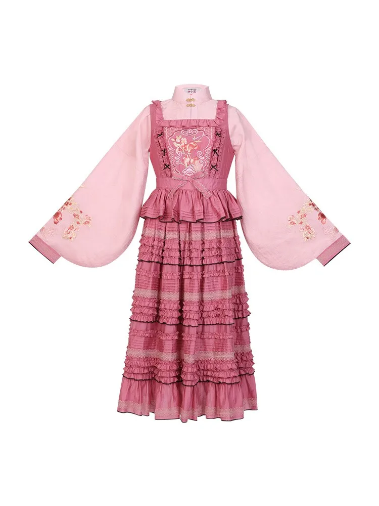 A women's Hanfu with vertical collar and front opening featuring blend of Chinese Western styles