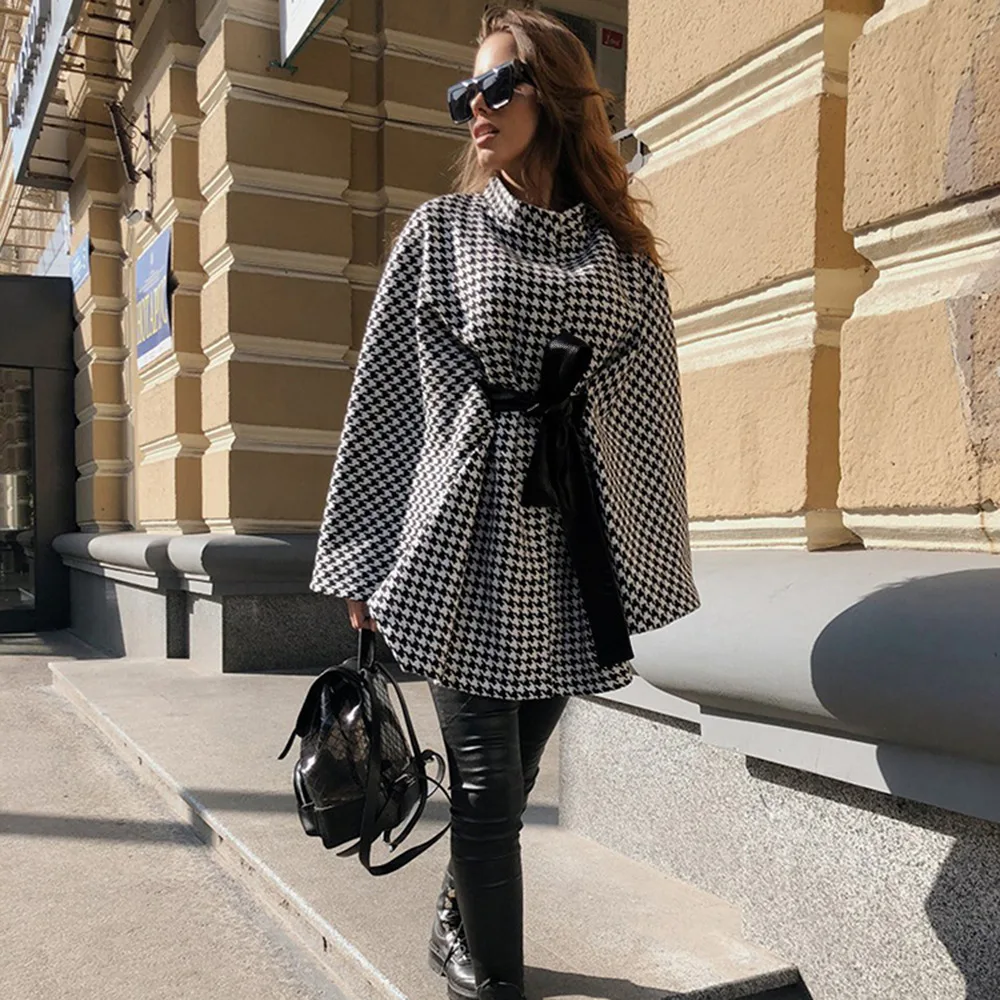 Office Lady Commuter Coat Fashion Houndstooth Print Half-high Collar Lace Up Bat Cape Autumn Winter Elegant Women's Clothing - Image 2