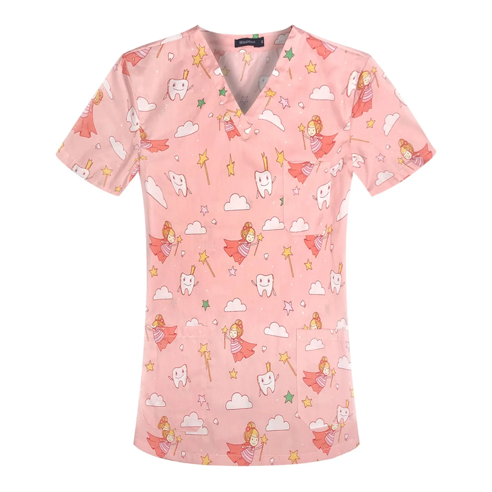 Fashion Print Dentist Nurse Uniform Scrub Tops Beauty Scrub Clothes Cartoon Nurse Medical Uniforms Working Shirts with Pockets