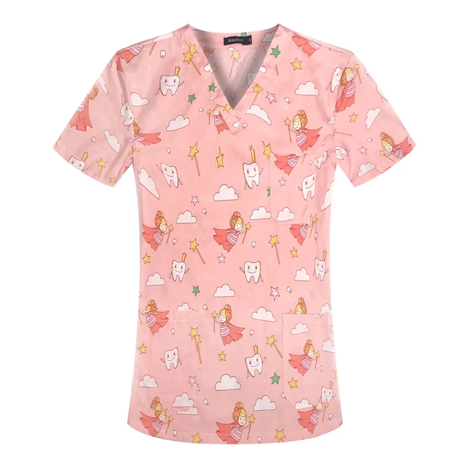 Cartoon Print Nurse Scrub Top with Pockets