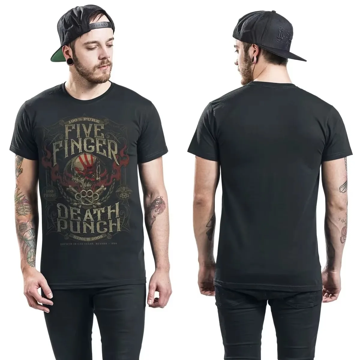 Five Finger Death Punch 5FDP Double‑Sided Skull Groove Metal Band Graphic T-Shirt Cotton Men Women Streetwear Tee