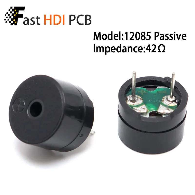 電磁式パッシブブザー 12x8.5mm (16Ω/42Ω) - 多電圧3/5/9/12V交流、断続音出力、外部発振回路必須