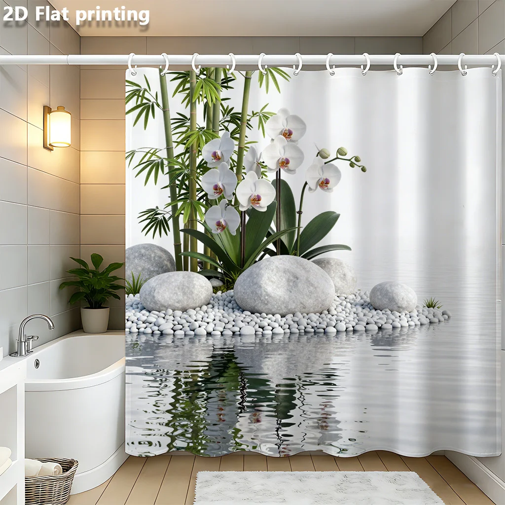 

Zen Bamboo Orchid Water Garden Shower Curtain Machine Washable All Season Waterproof Privacy Protection Nature Design Peaceful