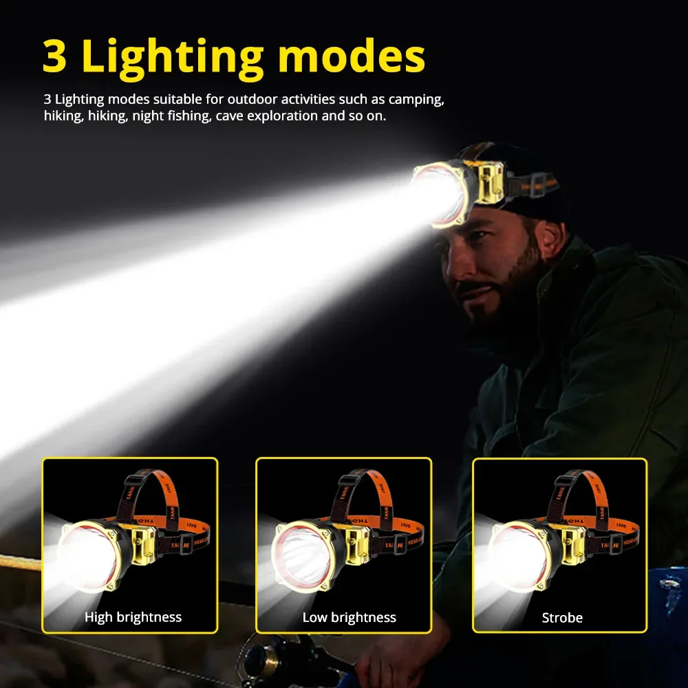 Yellow/White LED Headlamp USB Rechargeable Headlight Waterproof Fishing Head Flashlight 3 Modes Camping 18650 Power Bank Lantern