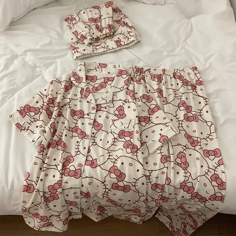 Sanrio Anime Hello Kitty  Kawaii Cartoon Loose Sleepwear Short Sleeve Long Pants Three-piece Pajamas Sets Girl Birthday Gifts