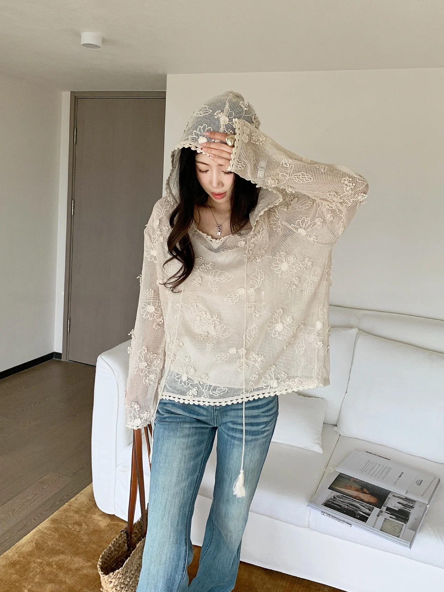 

Ele Lace Hollow out Embroidery Slimming Top by Li Jia En Spring Summer Loose Fit Cotton Long Sve Hooded Casual Wear
