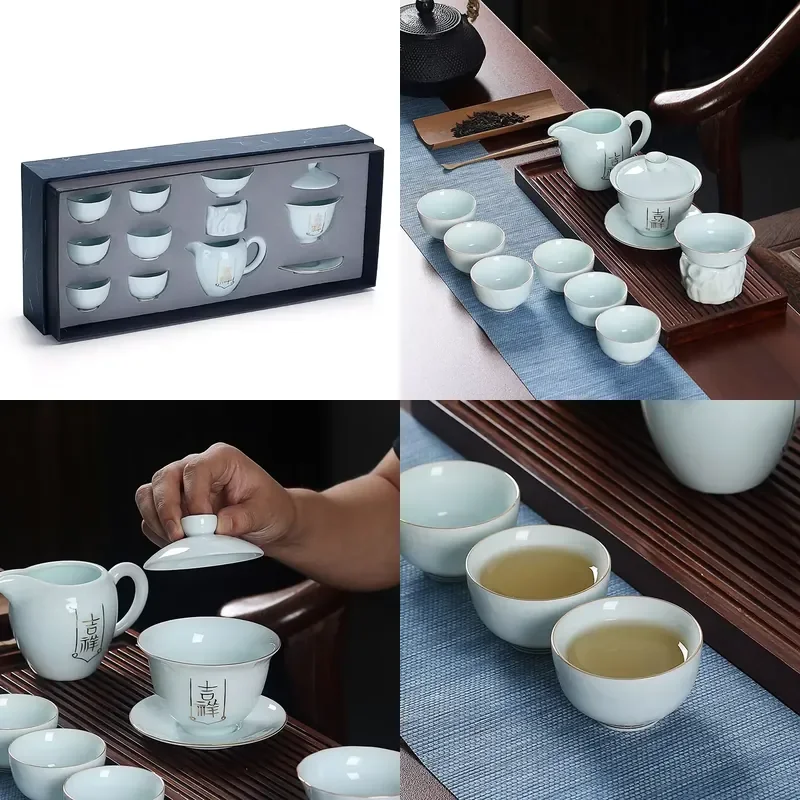

【CHIMU HOME】 Gaiwan Celadon Kung Fu Set for Ceramic Cover Teacup for Japanese Office Business Gifts Customizable Complete