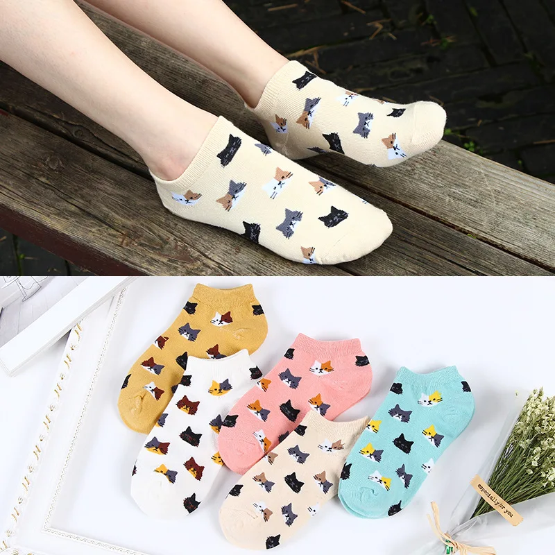 5 pares nuevos calcetines tobilleros de algodón para mujer lindo gato colorido calcetines divertidos Casual Animal fruta pastel calcetines de dibujos animados para niñas