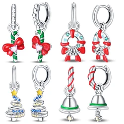 925 Sterling Silver Christmas Cane Wreath Tree Leaves Bells Earrings Red Bow for Women Creative Jewelry Christmas Themed Gifts