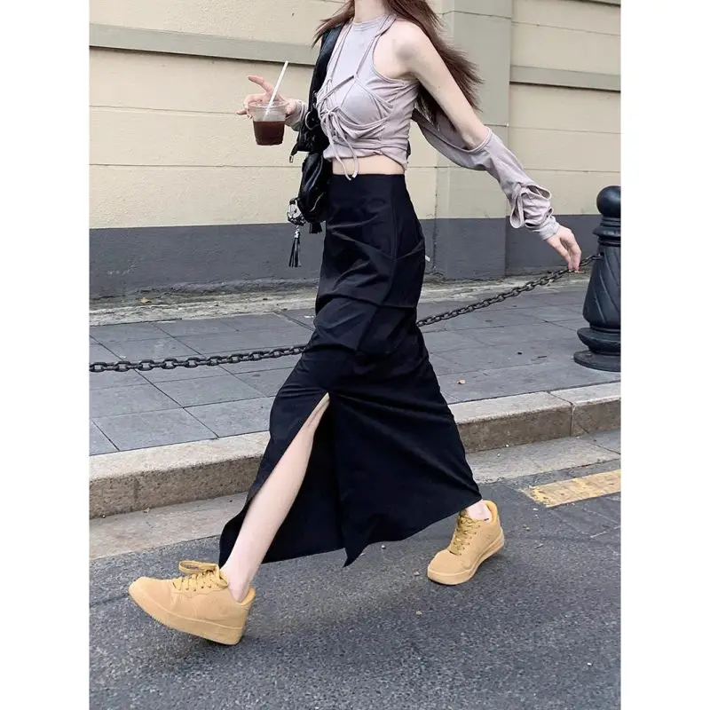 Retro Quick-Drying Pleated Workwear Skirt Women Summer 150cm Petite girls Sense design High Waist Split A-Line Mid length skirt