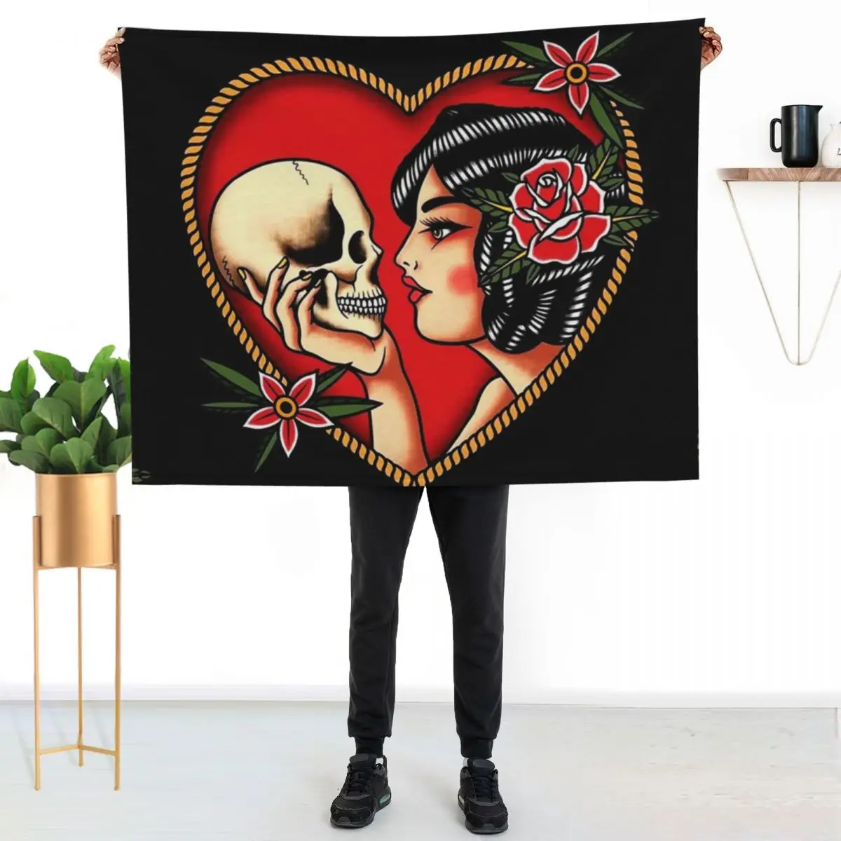 Traditional Beautiful Flapper in Heart Holding Skull Tattoo Throw Blanket Hair Warm warm winter Thin funny gift Blankets