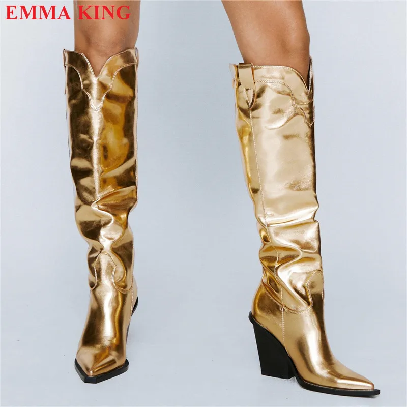 

Gold Metallic Knee High Cowboy Boots Women Ladies Fashion Winter Long Women's Boots Patent Leather High Heels Shoes Botas Mujer