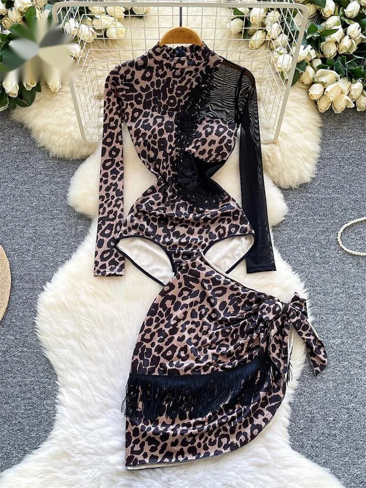 

Leopard Tassel Sexy Set Floral Embroidery Bodysuit+Lace Up Irregular Skirt Ladies Mesh Sheer Beach Holiday Swimsuit