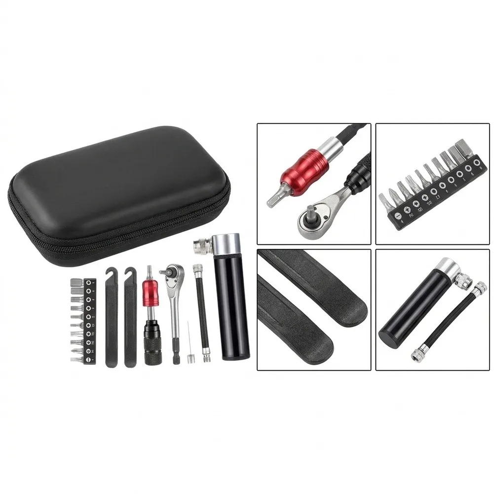 Bicycle Repair Tool Set With Ratchet Wrench Pump Screwdriver Bits Alloy Portable Kit For Mountain Bike Tire Maintenance Accessor