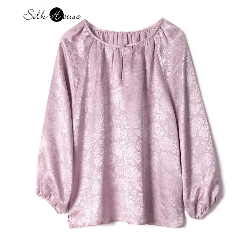 

2025 Women's Casual Autumn New Purple Lotus Jacquard 100% Natural Mulberry Silk Versatile Retro Round Neck T-shirt