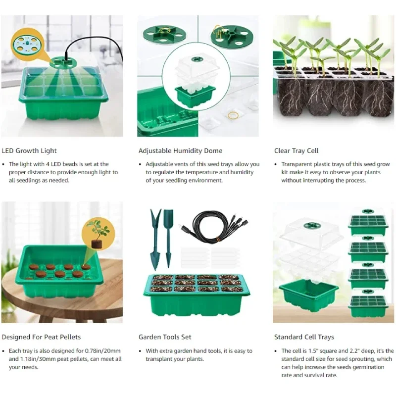 Caja de bandeja de inicio de semillas con luz LED para cultivo, maceta de vivero con temporizador, plantador de germinación de plántulas, Ventilación ajustable, humedad