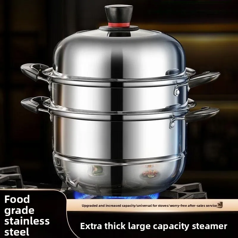 Stainless Steel Steamer Pot Dual Layer Triple Layer Extra Thick Large Capacity Induction Gas Compatible Steam Cooker Steamer Pot