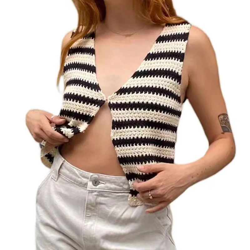 2024 Fashion Black White Striped Vest Women Sexy Woolen Vest Summer Tops Women\'s Clothing