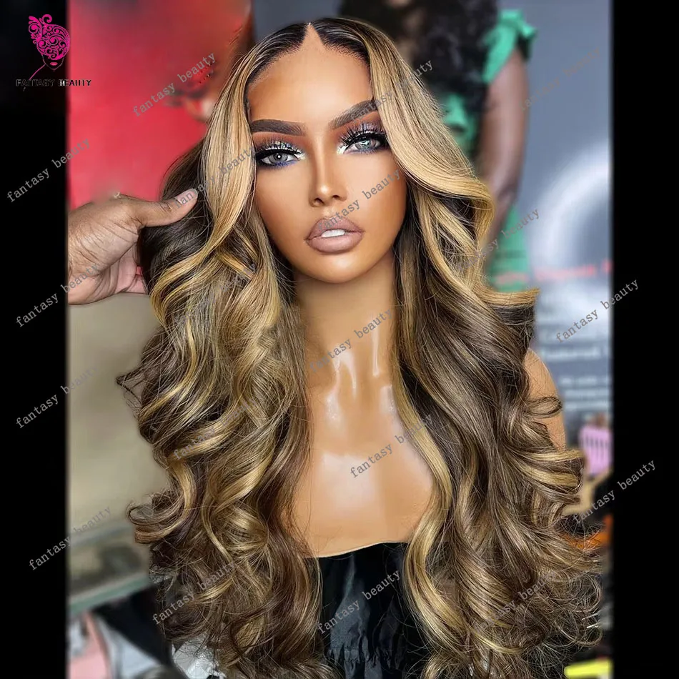 Highlight Blonde Brown Body Wave V Part Wig 100% Human Hair Loose Wavy U Shape 250Density Remy Full Machine Made Half Wigs 30'