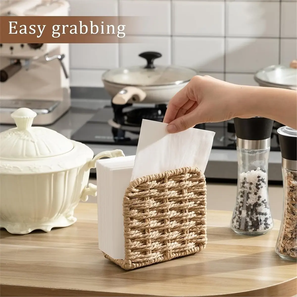 AT16 Woven Rattan Wicker Upright Napkin Holders for Table Standing Paper Dispenser for Guest Restaurant Kitchen Bathroom Room