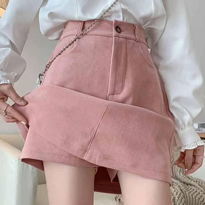 Pink Cotton Fake Two Pieces Mini Skirt Women Summer Korean High Waist Bandage A-Line Skirt Preppy Wild Solid Short Skirts Woman