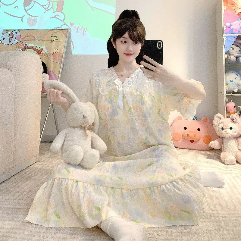 Plus Size Women's Cloud Cotton Nightgown with Chest Pad Princess Style Summer Ruffle Short-sleeved Pajama Dress Loose Loungewear