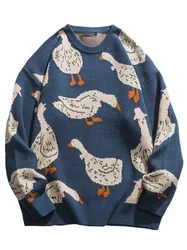 Suéter de punto con estampado de animales de dibujos animados para hombre, Jersey informal Harajuku con cuello redondo, ropa de calle de gran tamaño, Top de otoño e invierno