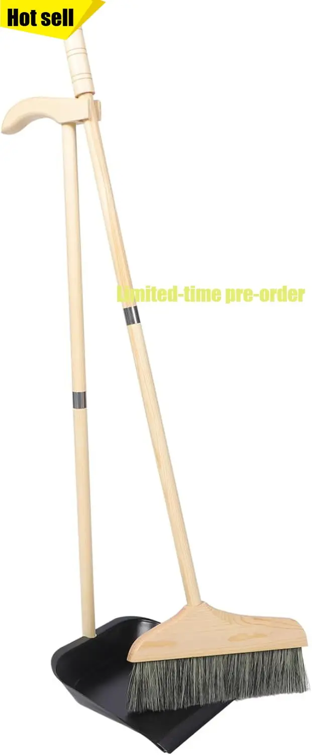 

Solid Wood Bristle Broom Dustpan Set Long Stainless Steel Handle Soft Broom Dustpan For Home Office Toddler Use
