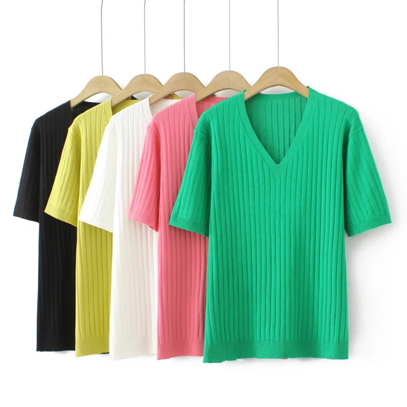 Plus Size Women T-Shirt 2023 Summer Short Sleeve Simple Ice Knitted Tops Loose Tees Oversized Curve Clothes F11-2211