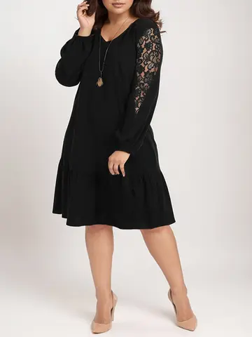Plus Size 2026 Fashionable and Sexy V-Neck Mini Dress | Elegant Women's Fall/Winter Casual Loose-Fit Lace Long-Sleeve Work Dress
