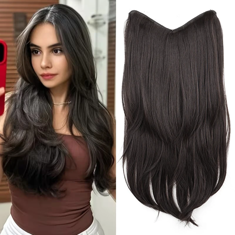 22Inch Synthetic Long Straight Layered V-Shaped Clip-in Hair Extension 4 Clip Heat Resistant Hairpiece for Women