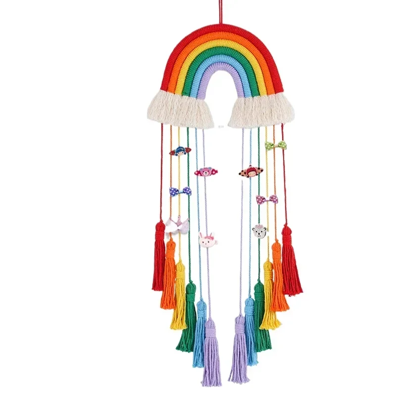 

Rainbow Nursery Wall Hanging Decoration Hair Clips Storage Organizer Cotton Tassel Girl Kawaii Room Decor Macrame Craft Ornament