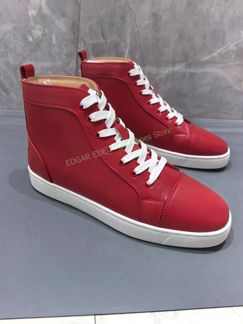 

High Quality Red Leather Men Ankle Boots Male Spring Autumn Winter Round Toe Lace Up High Top Boots Shoes