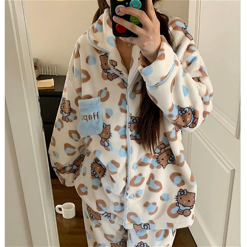 

Hello Kitty Cute Pajama Sets Girls Winter Thick Soft Pajamas Sleepwear Flannel Leopard Women Pijamas Coral Fleece Home Clothes